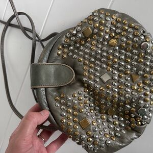 Genuine Leather Studded Olive Green Crossbody Bag